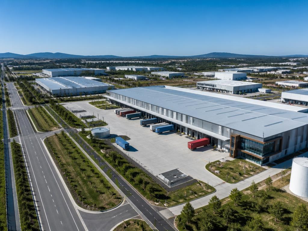 Aerial view of a modern industrial estate with warehouses, truck loading bays and container trailers