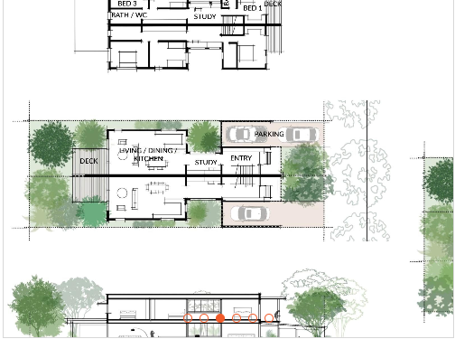 Design sketches by Pilot Places – test fit plans, sections and elevations for infill housing typologies