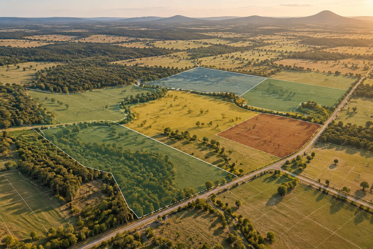 Aerial view of regional Australian farmland and bushland with mapped land development planning zones and boundaries