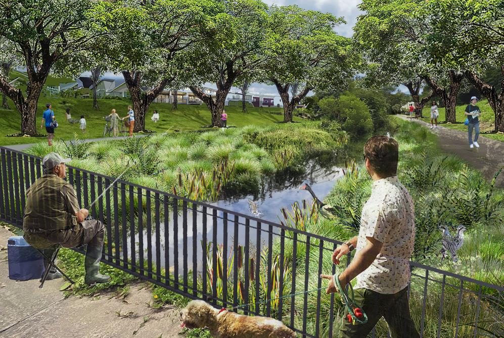 Render of a rehabilitated green corridor with planting and shaded pathways