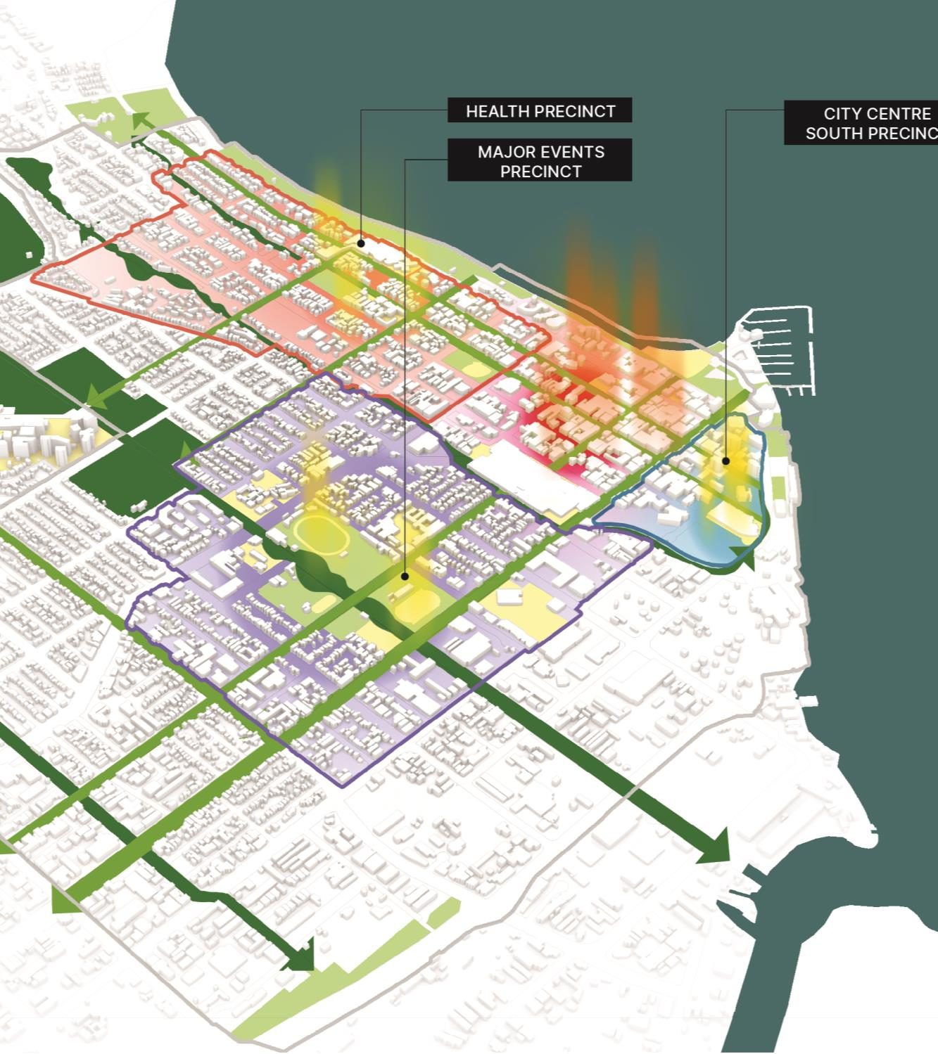 Precinct structure plan showing the Health, Major Events and City Centre South precincts