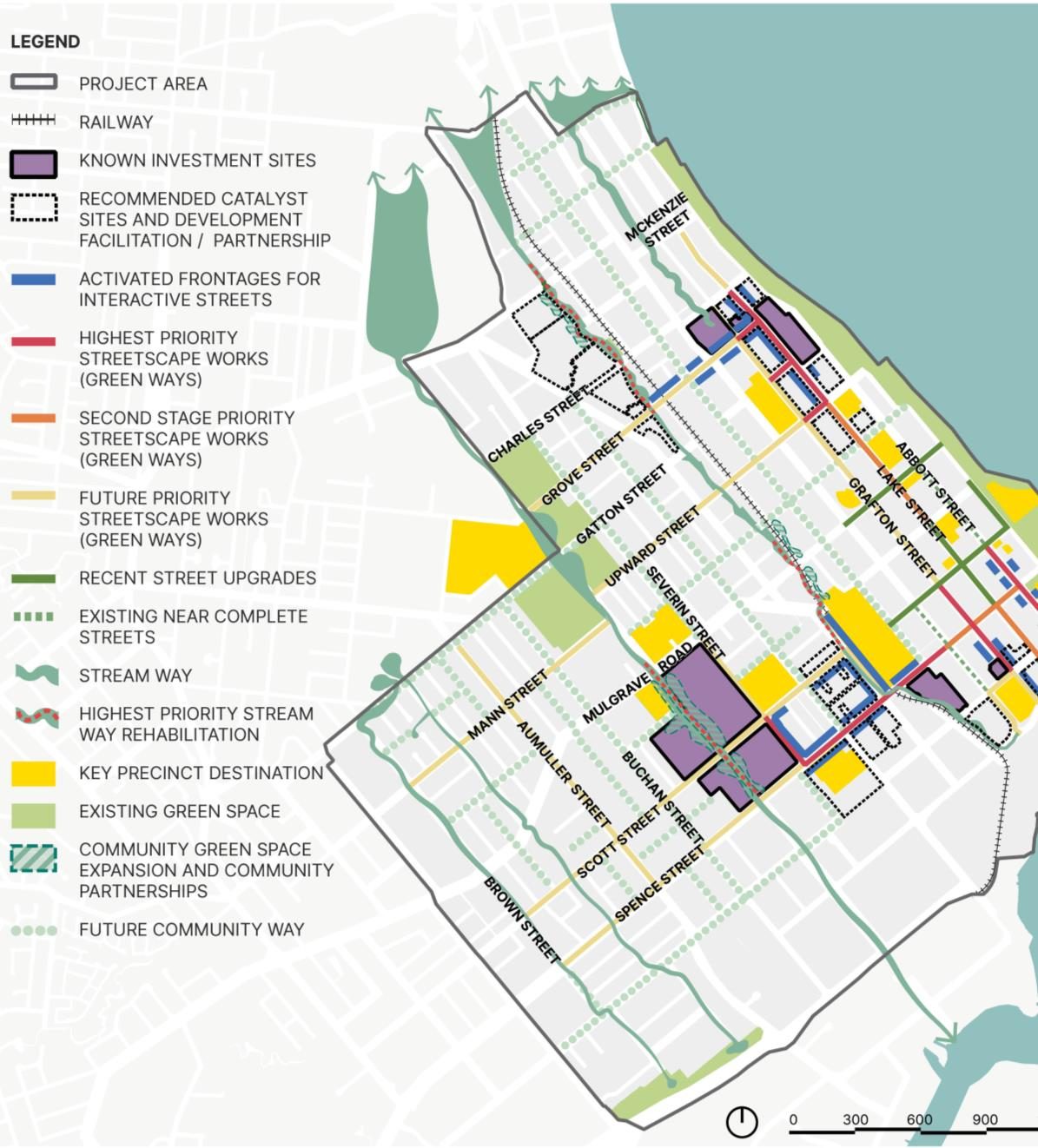 Implementation road map plan identifying priority streets and catalyst sites