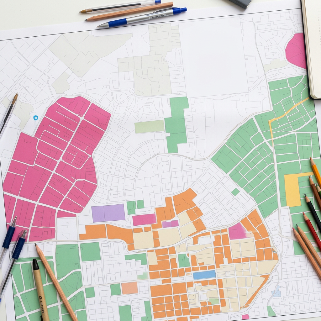 Plain zoning map with pens on a planner's desk