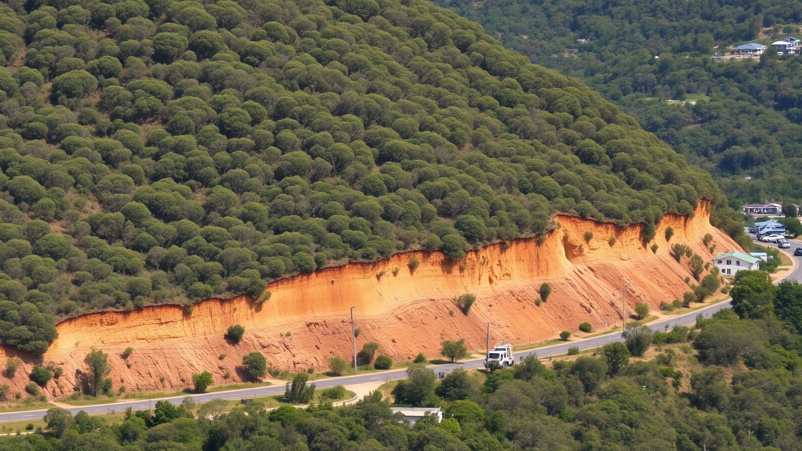Steep vegetated slope above a road and houses