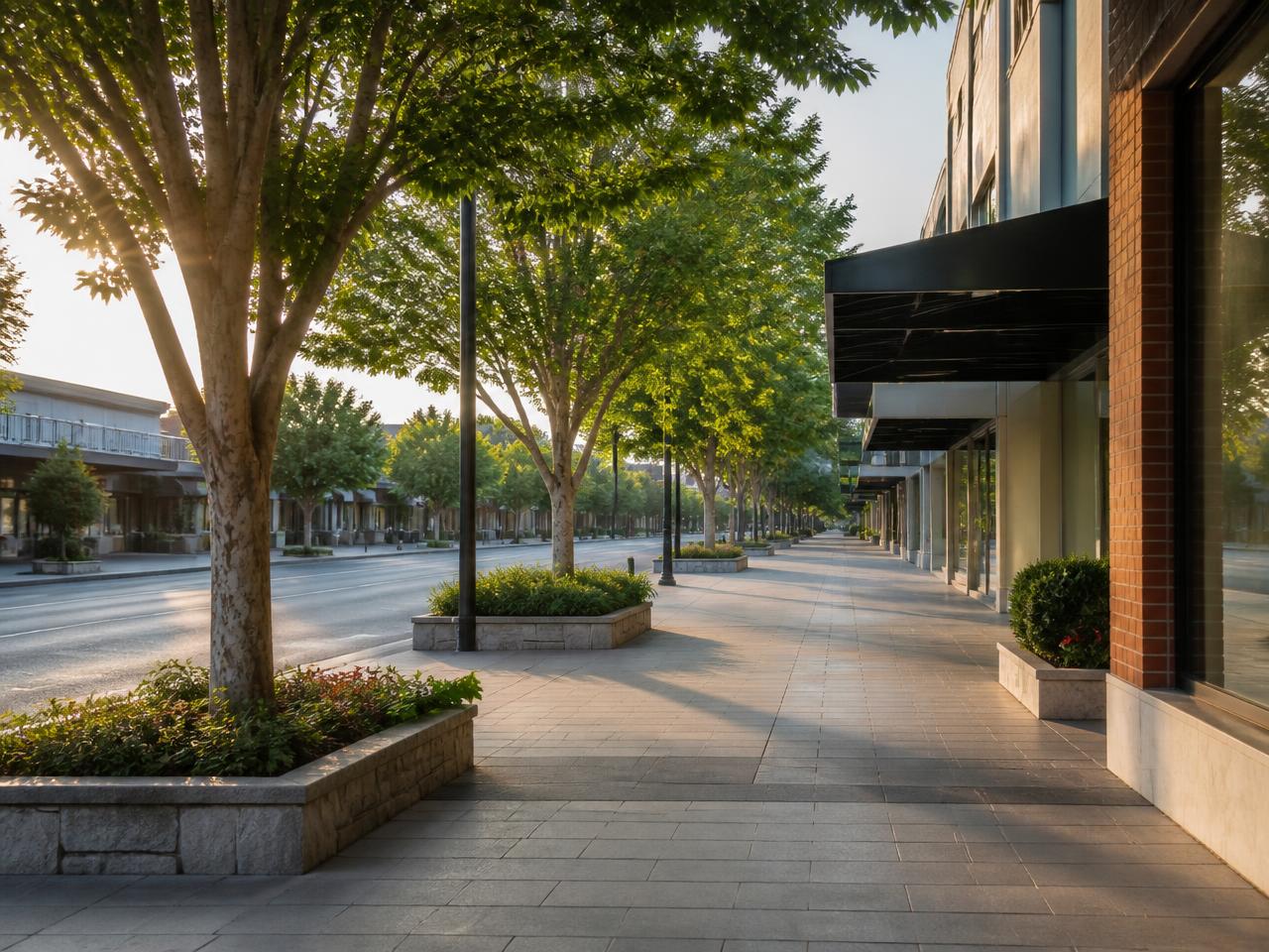 Tree-lined urban streetscape with wide footpaths