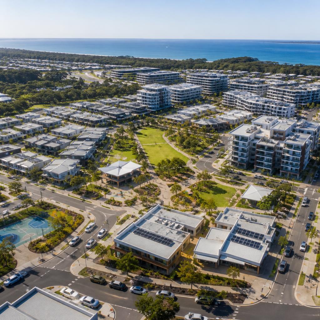 Aerial view of a master-planned coastal community with housing, parks and apartments
